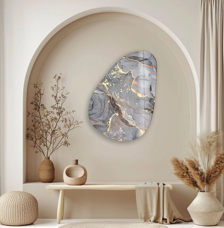 Asymmetrical Oval Abstract Black & Golden Glass Wall Art glass art painting, glass art for the Wall
