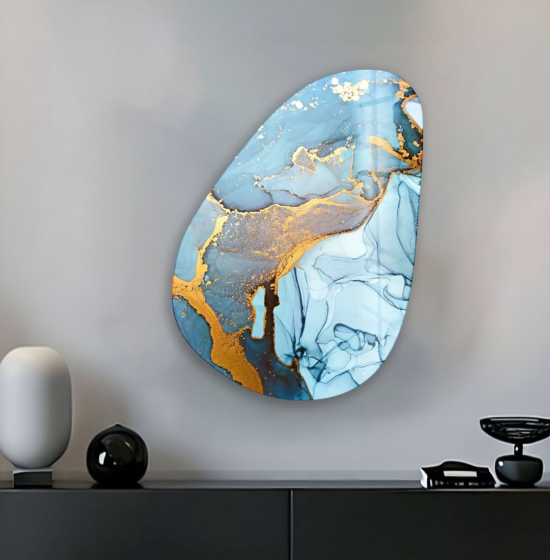 Asymmetrical Oval Abstract Blue & Golden Glass Wall Art print on glass, glass printed photos
