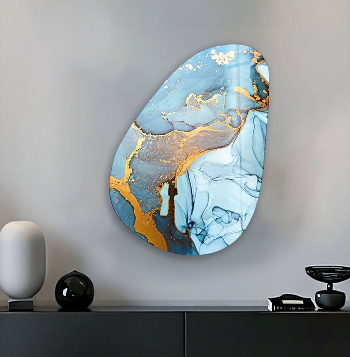 Asymmetrical Oval Abstract Blue & Golden Glass Wall Art print on glass, glass printed photos
