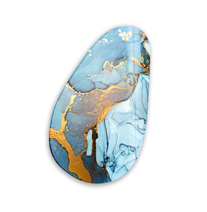 Asymmetrical Oval Abstract Blue & Golden Glass Wall Art large glass photo prints, glass wall photos

