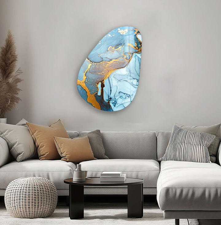 Asymmetrical Oval Abstract Blue & Golden Glass Wall Art picture on glass wall art, photos printed on glass
