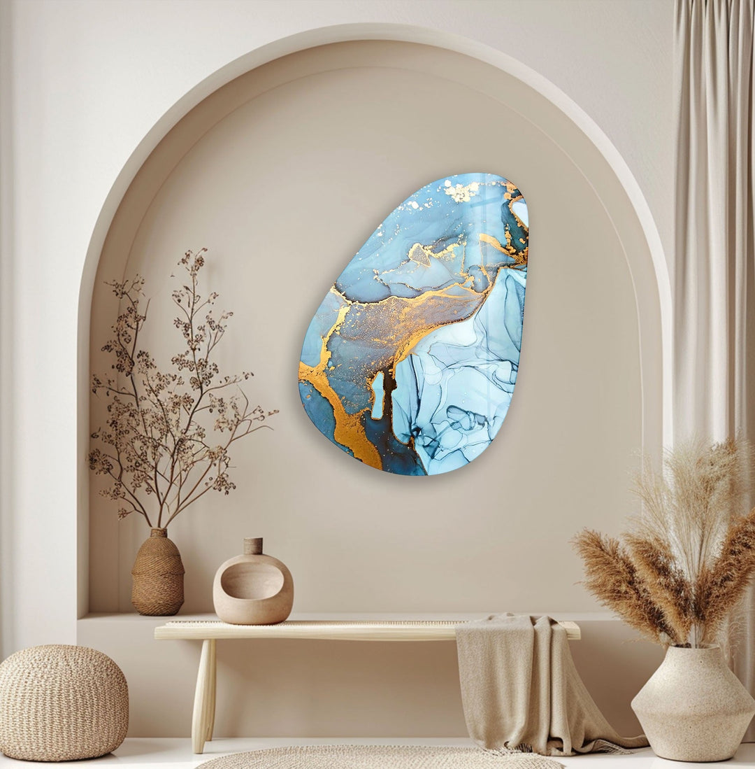 Asymmetrical Oval Abstract Blue & Golden Glass Wall Art photo print on glass, prints on glass wall art
