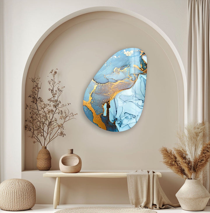 Asymmetrical Oval Abstract Blue & Golden Glass Wall Art photo print on glass, prints on glass wall art
