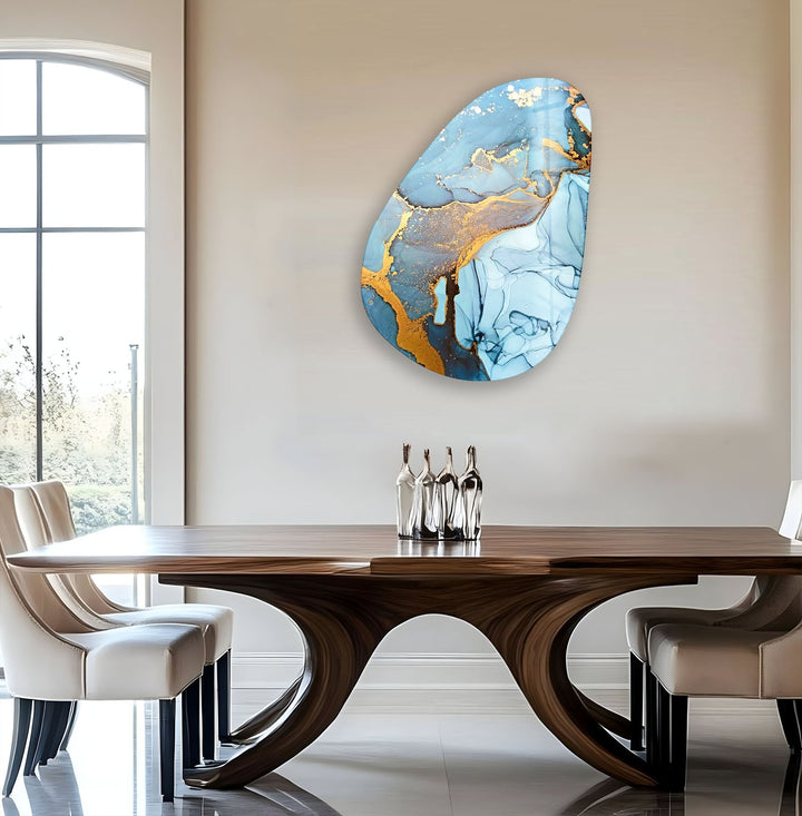 Asymmetrical Oval Abstract Blue & Golden Glass Wall Art custom glass photo prints, large glass prints
