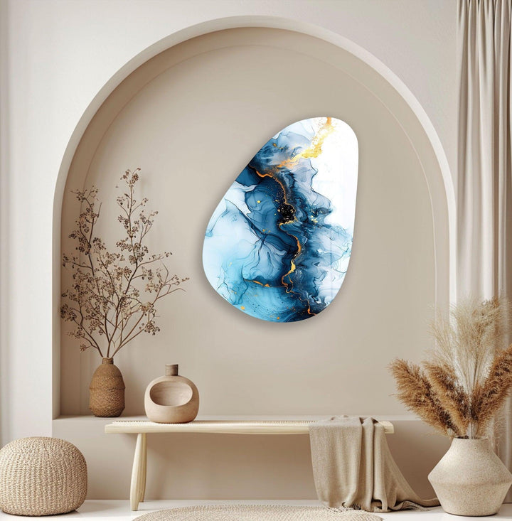 Asymmetrical Oval Abstract Marble Blue Glass Wall Art photo print on glass, prints on glass wall art
