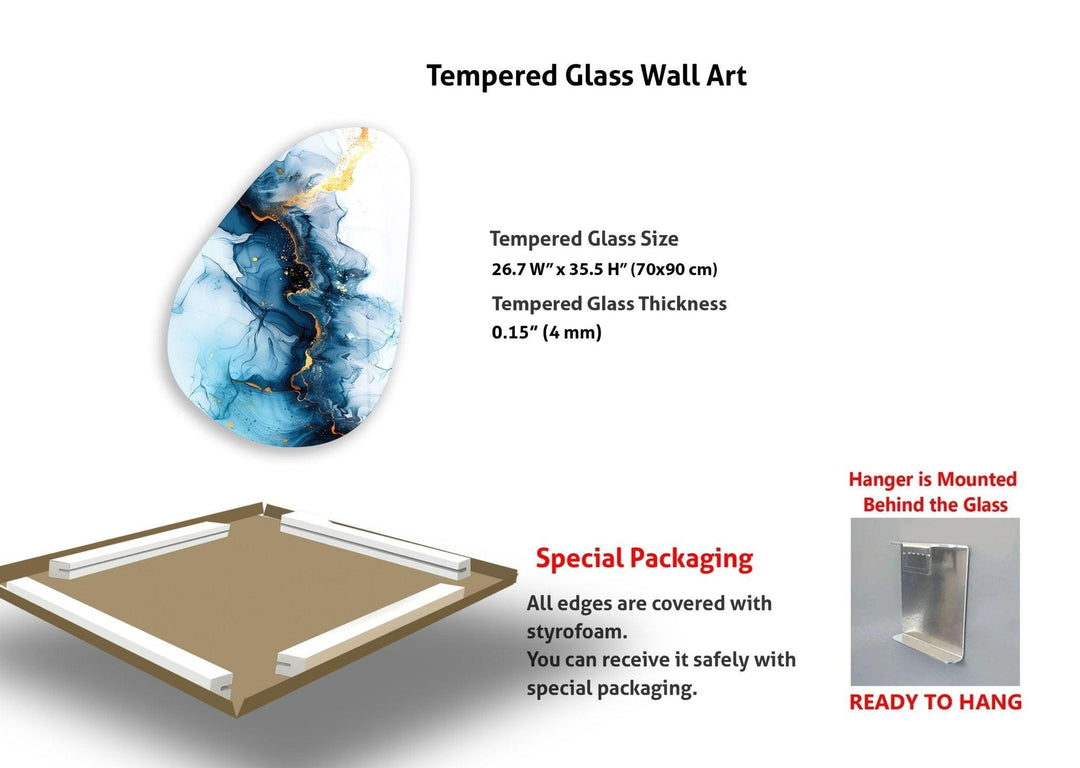 Asymmetrische ovale abstrakte Marmor-Blau-Glas-Wandkunst