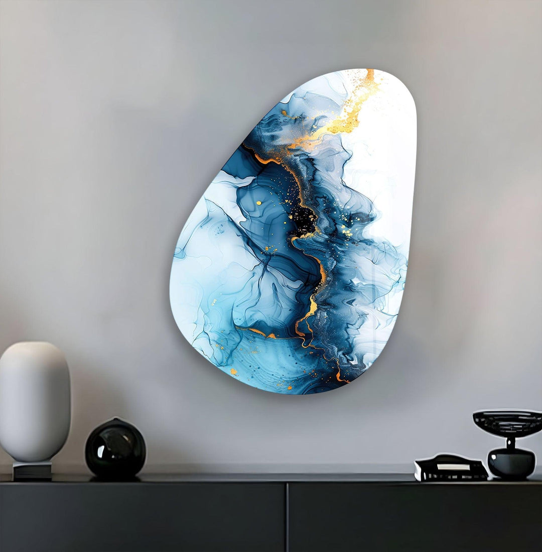 Asymmetrical Oval Abstract Marble Blue Glass Wall Art glass pictures for Wall, glass prints wall art
