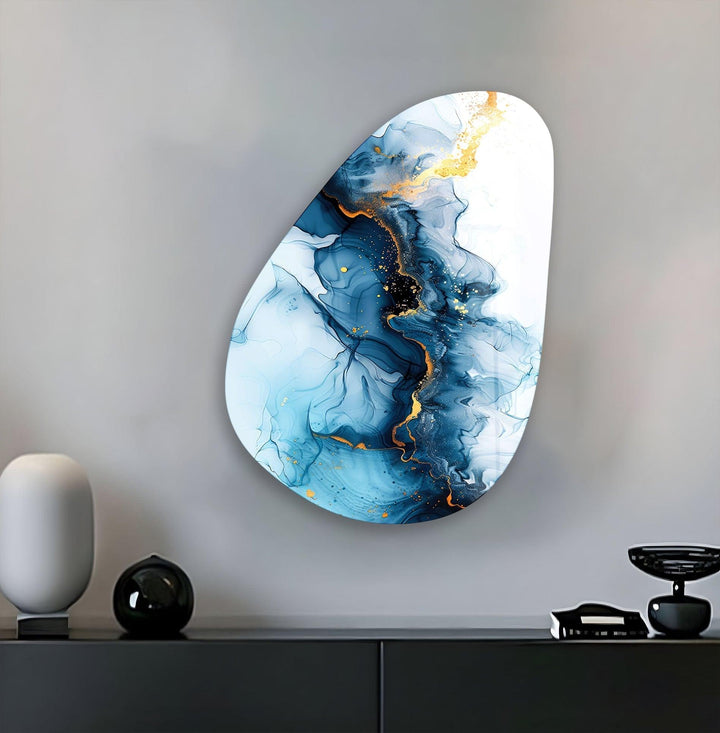 Asymmetrical Oval Abstract Marble Blue Glass Wall Art glass pictures for Wall, glass prints wall art
