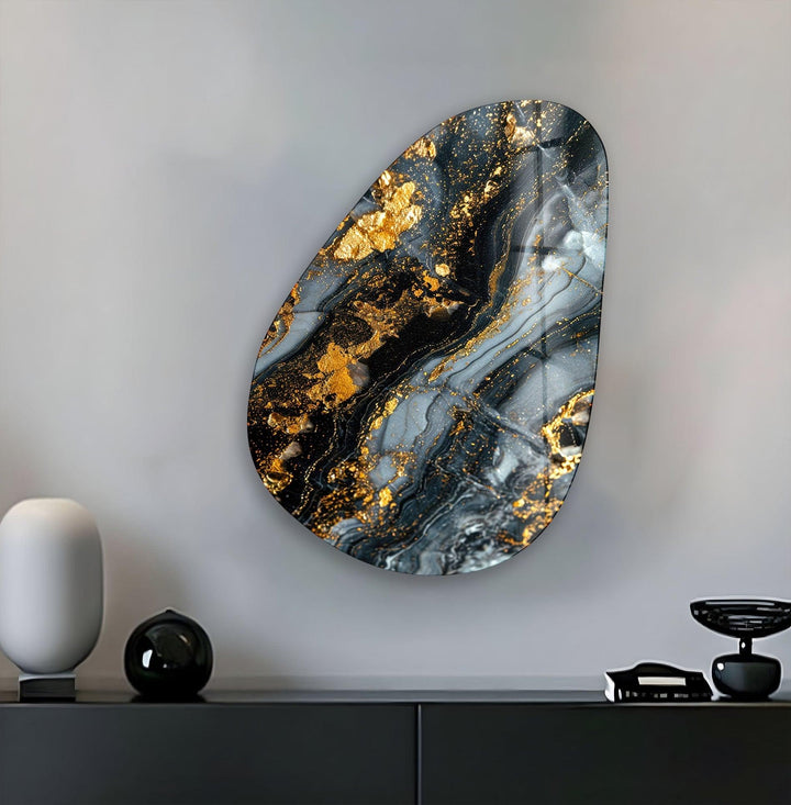 Asymmetrical Oval Black Golden Details Glass Wall Art glass photo prints, glass picture prints
