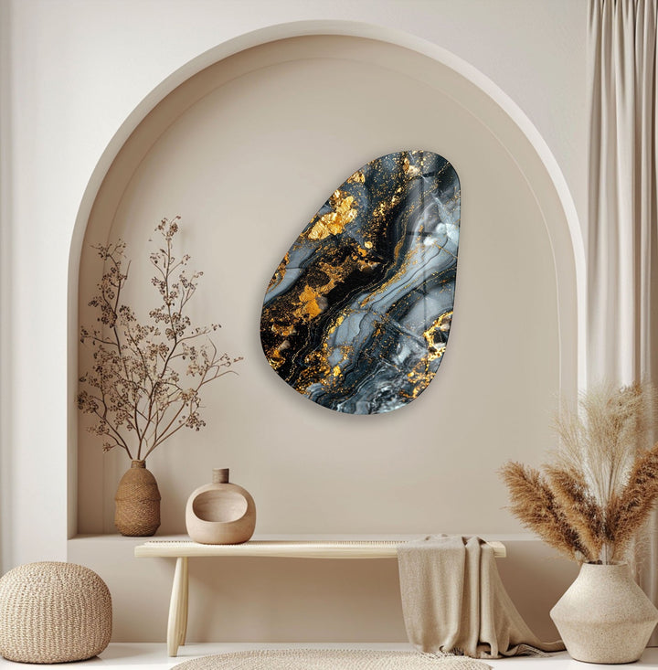 Asymmetrical Oval Black Golden Details Glass Wall Art glass pictures for Wall, glass prints wall art

