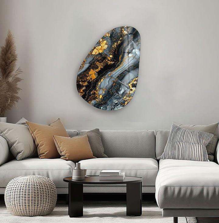 Asymmetrical Oval Black Golden Details Glass Wall Art Glass Printing Wall Art, Print photos on glass
