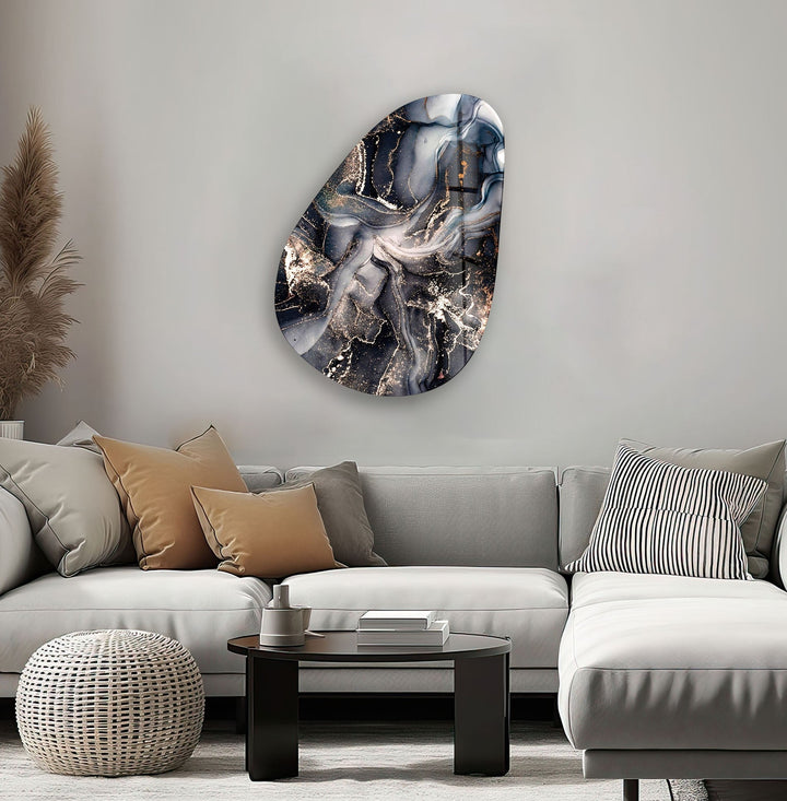 Asymmetrical Oval Black Grey Marble Glass Wall Art glass art painting, glass art for the Wall
