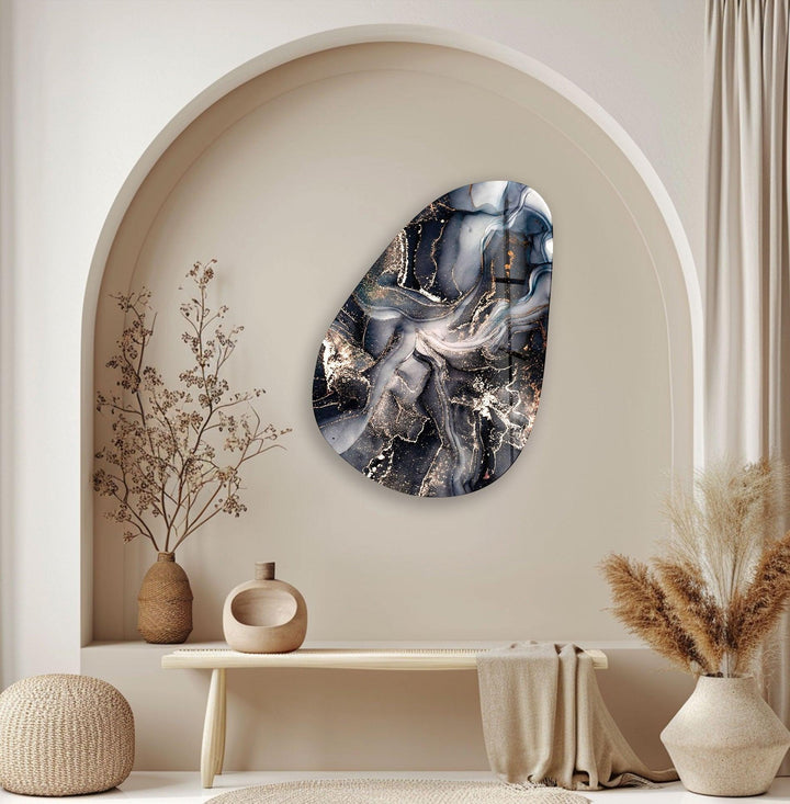 Asymmetrical Oval Black Grey Marble Glass Wall Art glass photo prints, glass picture prints

