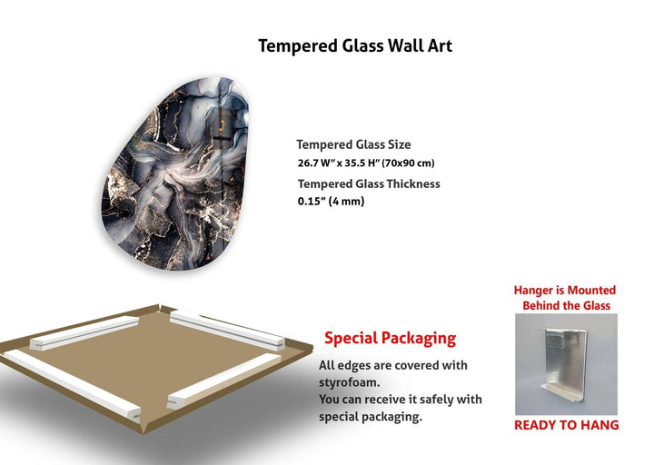 Asymmetrical Oval Black Grey Marble Glass Wall Art