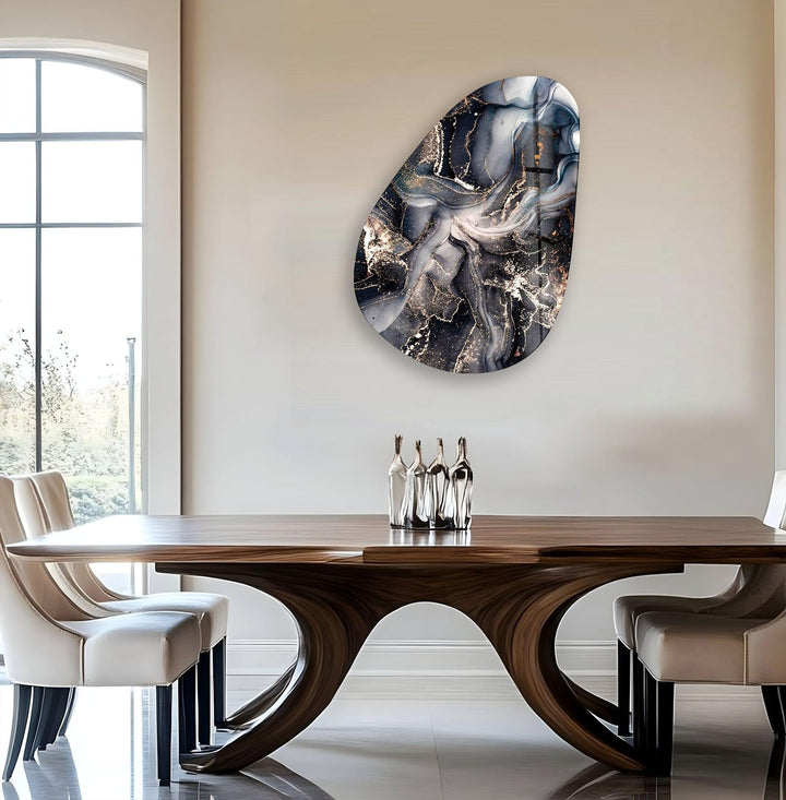 Asymmetrical Oval Black Grey Marble Glass Wall Art stained glass wall art, stained glass wall decor
