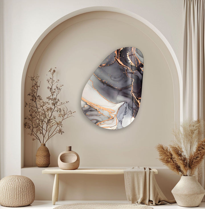 Asymmetrical Oval Black White Golden Glass Wall Art Glass Printing Wall Art, Print photos on glass
