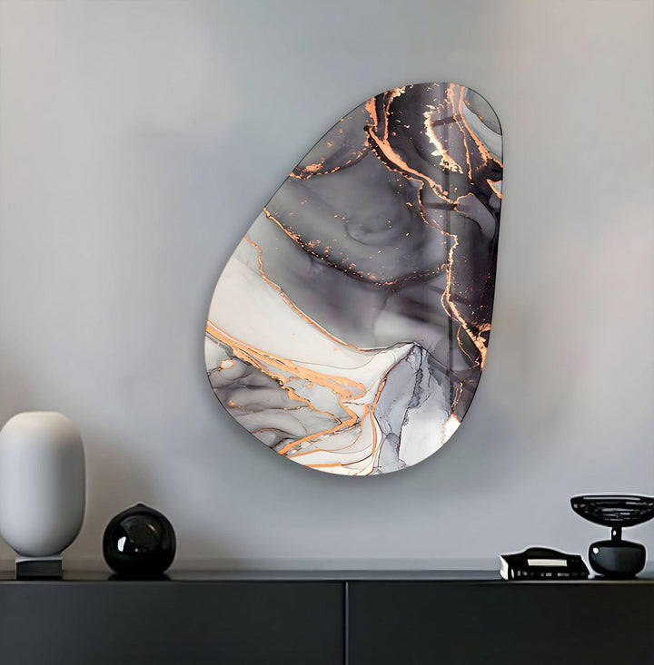 Asymmetrical Oval Black White Golden Glass Wall Art custom glass pictures, glass art prints
