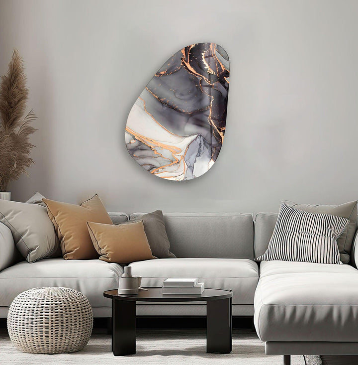 Asymmetrical Oval Black White Golden Glass Wall Art glass pictures for Wall, glass prints wall art
