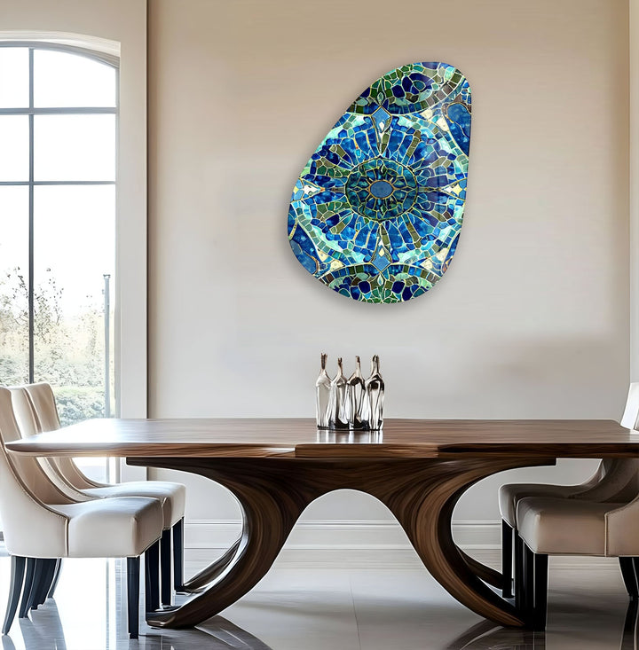 Asymmetrical Oval Blue Mosaic Design Glass Wall Art glass art painting, glass art for the Wall
