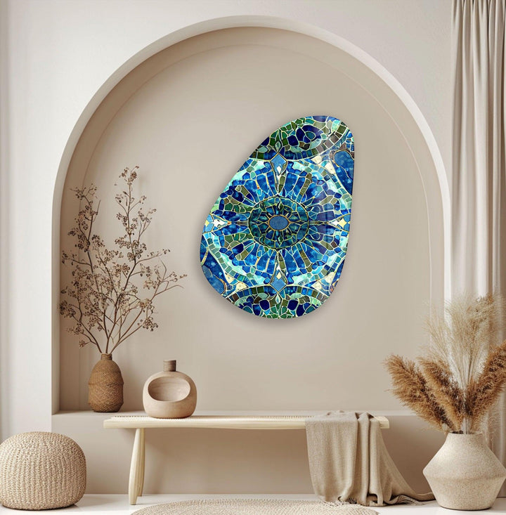 Asymmetrical Oval Blue Mosaic Design Glass Wall Art glass image printing, glass prints from photos
