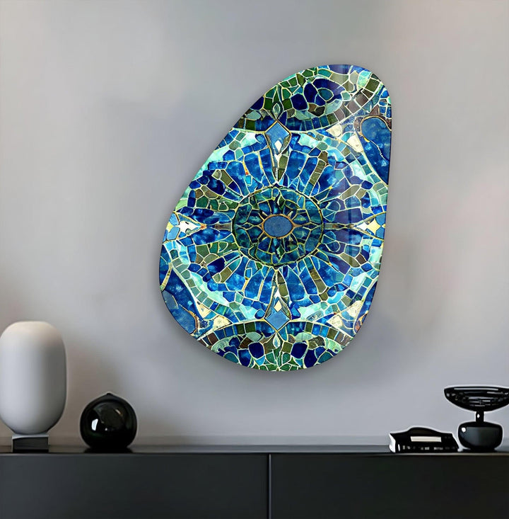 Asymmetrical Oval Blue Mosaic Design Glass Wall Art Glass Printing Wall Art, Print photos on glass
