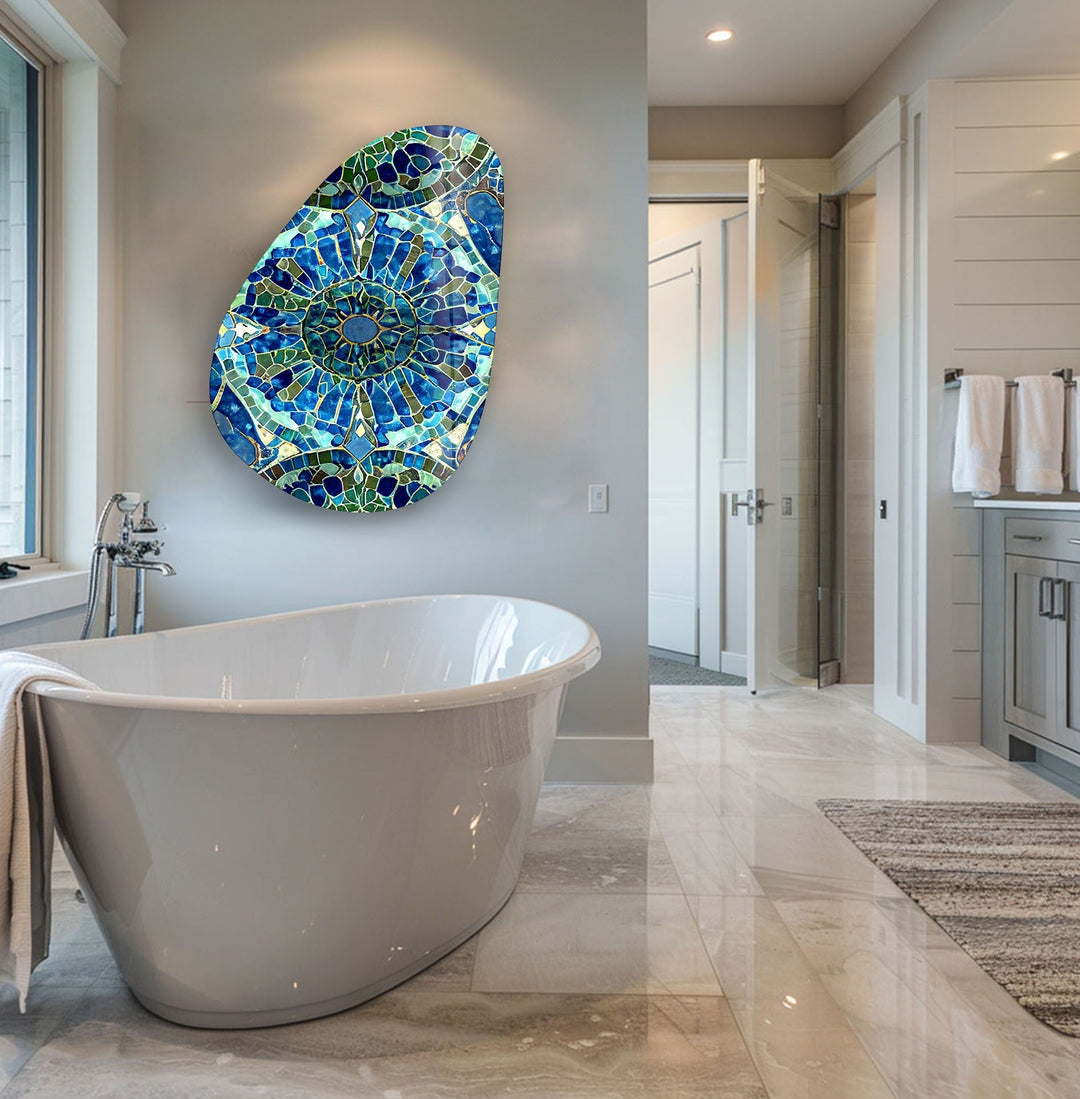 Asymmetrical Oval Blue Mosaic Design Glass Wall Art glass photo prints, glass picture prints
