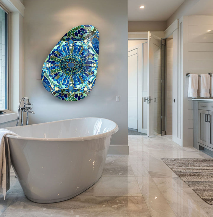 Asymmetrical Oval Blue Mosaic Design Glass Wall Art glass photo prints, glass picture prints
