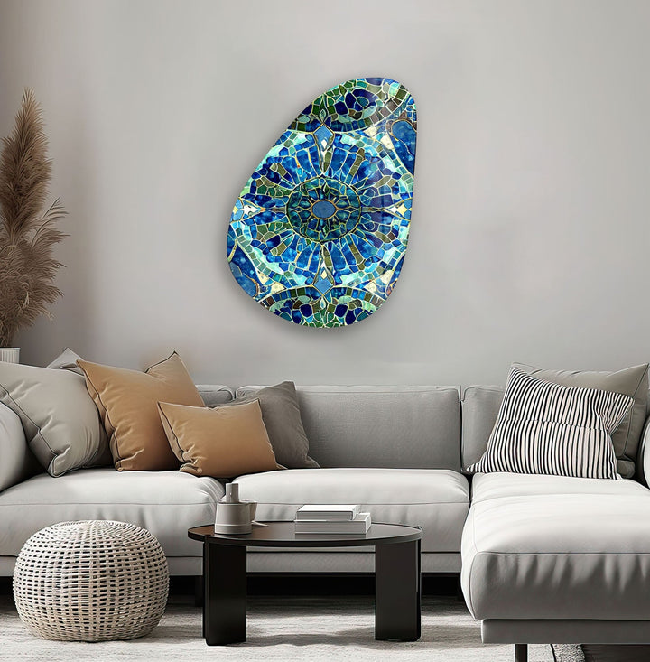 Asymmetrical Oval Blue Mosaic Design Glass Wall Art art glass wall art, glass wall art pictures
