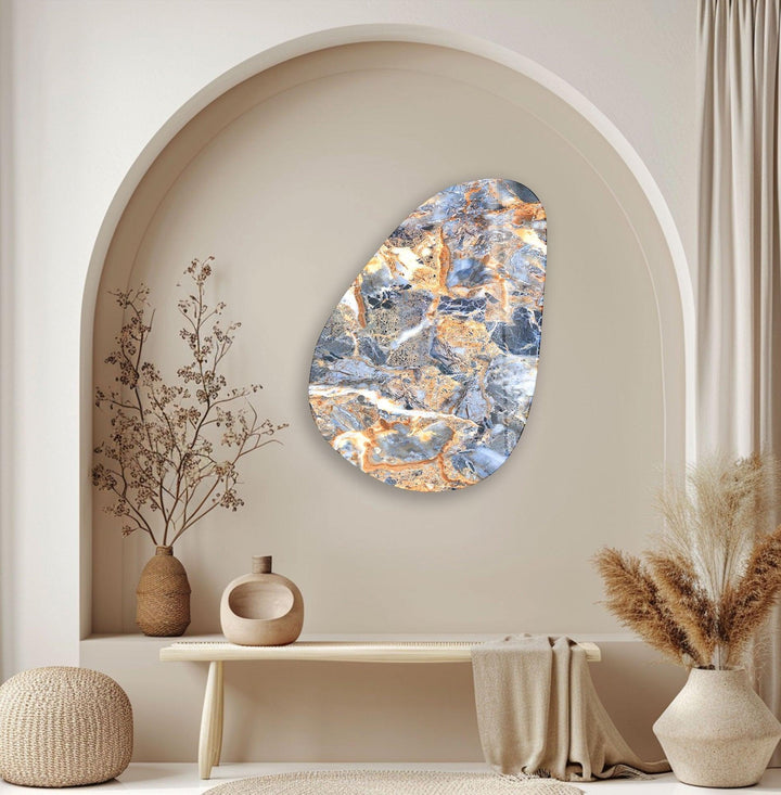 Asymmetrical Oval Blue & Orange Marble Glass Wall Art custom glass photo prints, large glass prints
