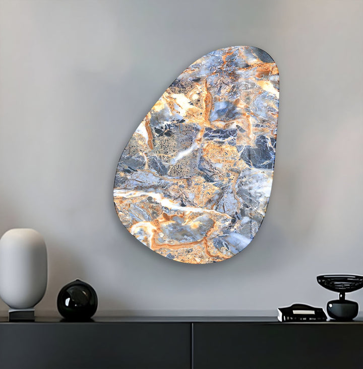 Asymmetrical Oval Blue & Orange Marble Glass Wall Art photo print on glass, prints on glass wall art

