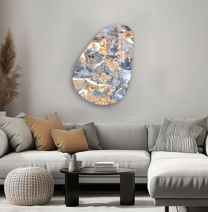 Asymmetrical Oval Blue & Orange Marble Glass Wall Art print on glass, glass printed photos
