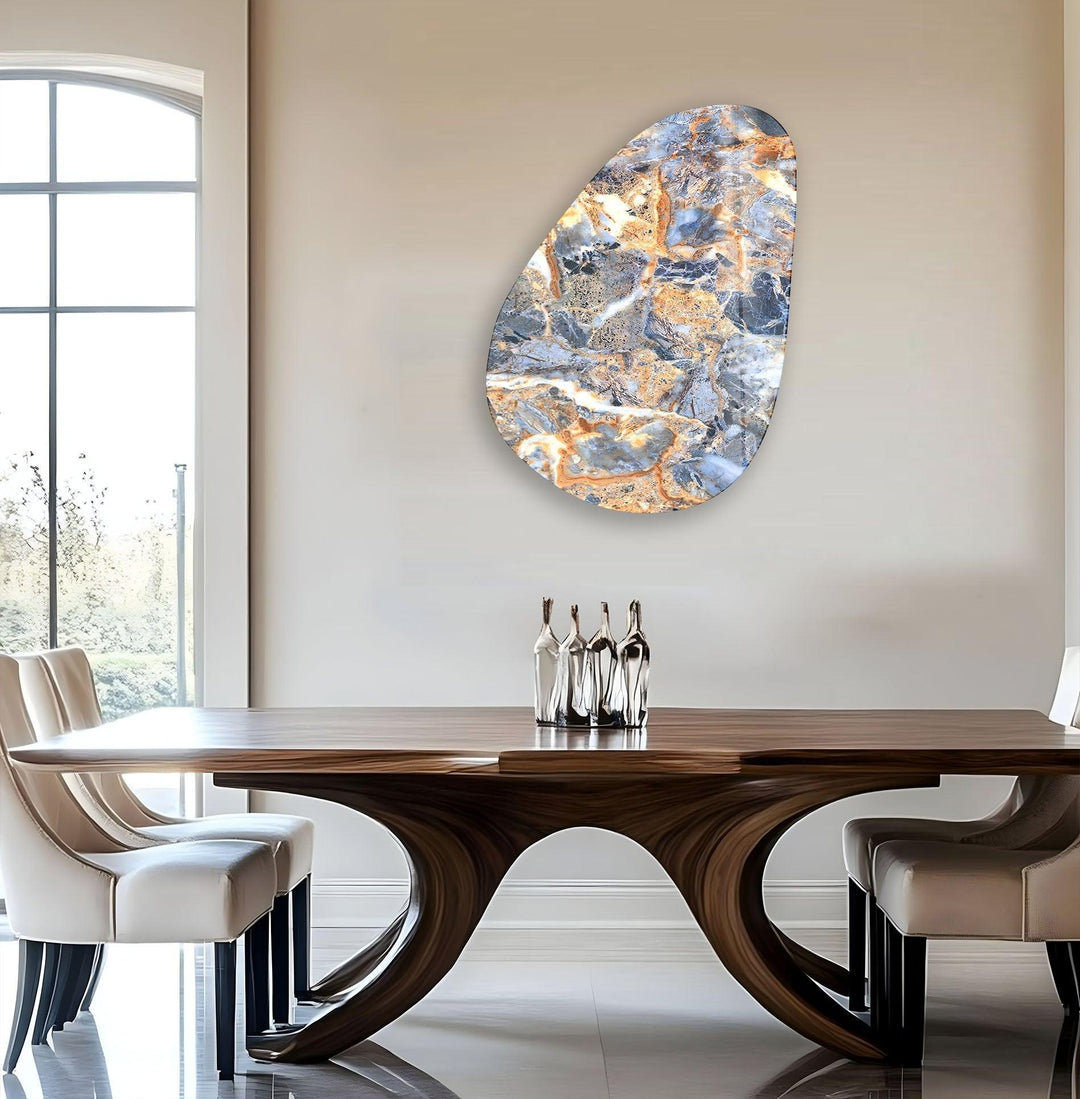 Asymmetrical Oval Blue & Orange Marble Glass Wall Art print picture on glass, Tempered Glass Wall Art
