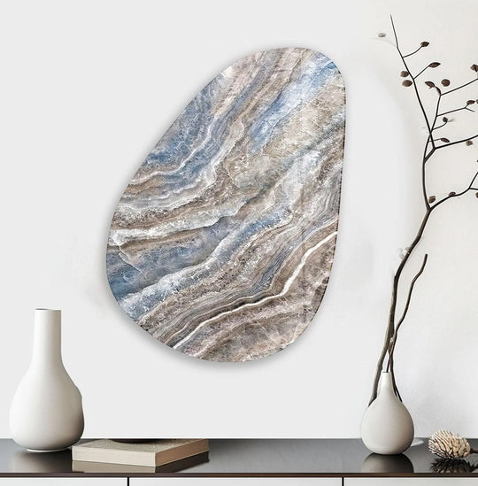 Asymmetrical oval glass wall art showcases geometric elements with swirling brown marble patterns, a stunning addition of best glass art.