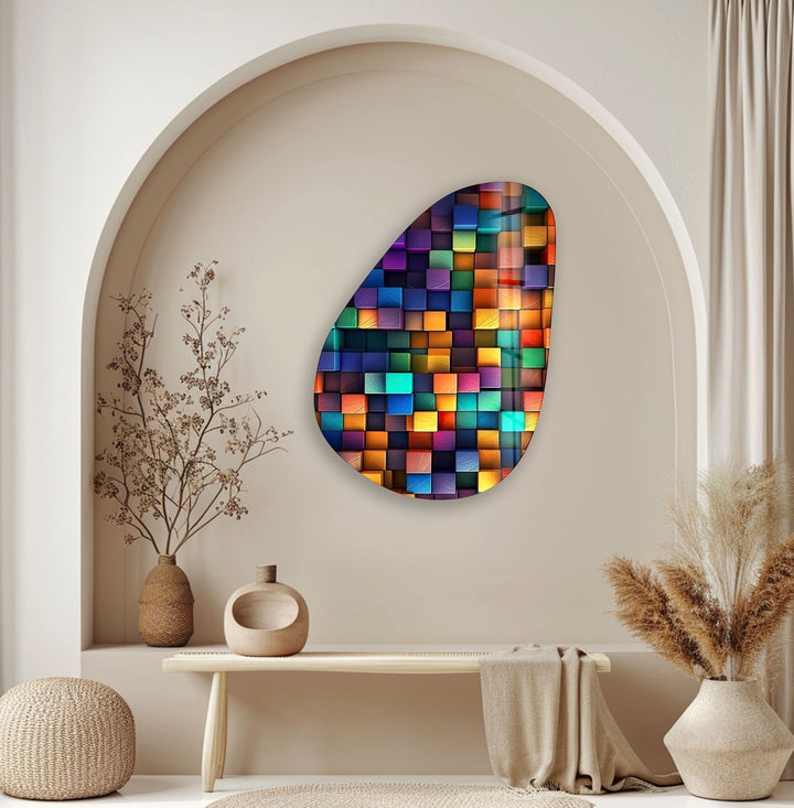 Asymmetrical Oval Colored Cubes Glass Wall Art picture on glass wall art, photos printed on glass
