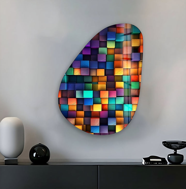 Asymmetrical Oval Colored Cubes Glass Wall Art stained glass wall art, stained glass wall decor
