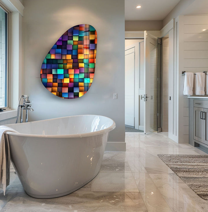 Asymmetrical Oval Colored Cubes Glass Wall Art glass art painting, glass art for the Wall
