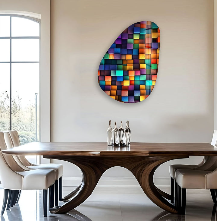 Asymmetrical Oval Colored Cubes Glass Wall Art print picture on glass, Tempered Glass Wall Art
