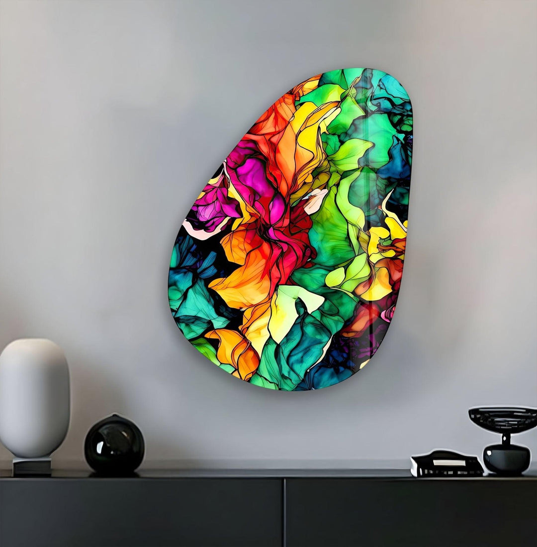 Asymmetrical Oval Colored Flower Glass Wall Art Glass Printing Wall Art, Print photos on glass
