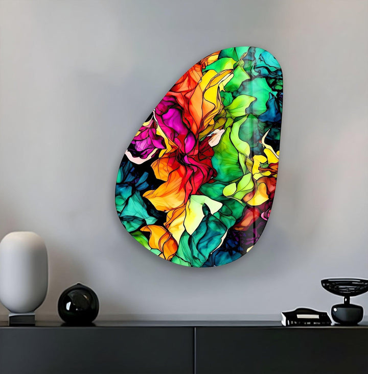 Asymmetrical Oval Colored Flower Glass Wall Art Glass Printing Wall Art, Print photos on glass
