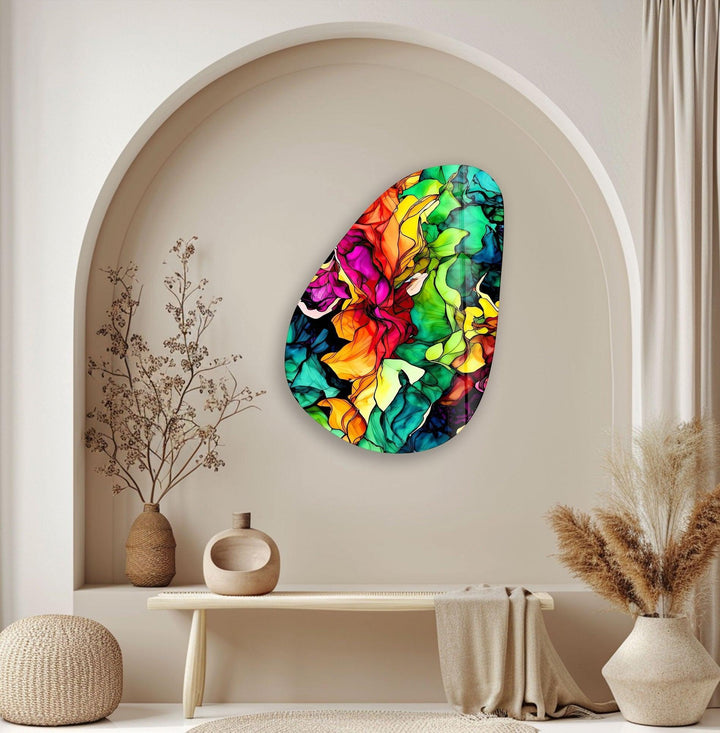 Asymmetrical Oval Colored Flower Glass Wall Art glass wall decor, glass wall art decor

