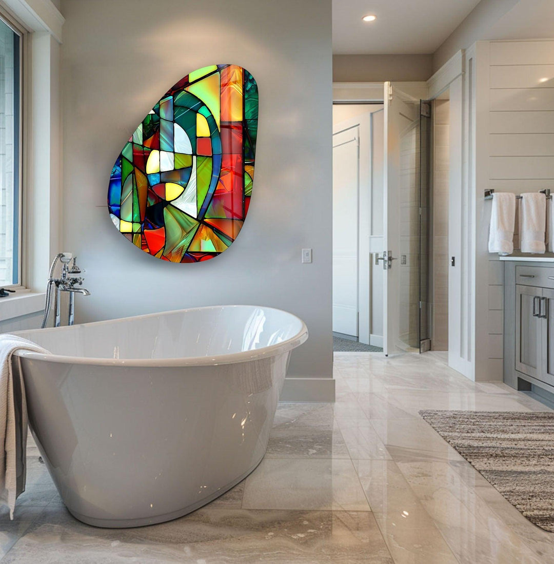 Asymmetrical Oval Colored Geometrics Glass Wall Art glass pictures for Wall, glass prints wall art
