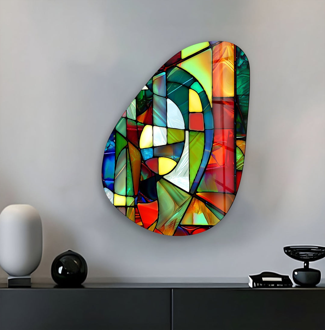Asymmetrical Oval Colored Geometrics Glass Wall Art glass photo prints, glass picture prints
