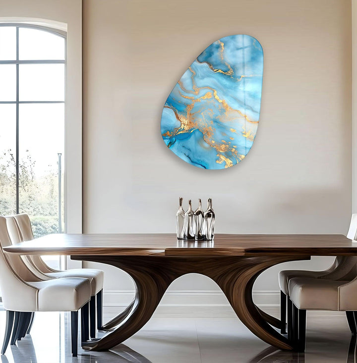 Asymmetrical Oval Golden Abstract Glass Wall Art Glass Printing Wall Art, Print photos on glass
