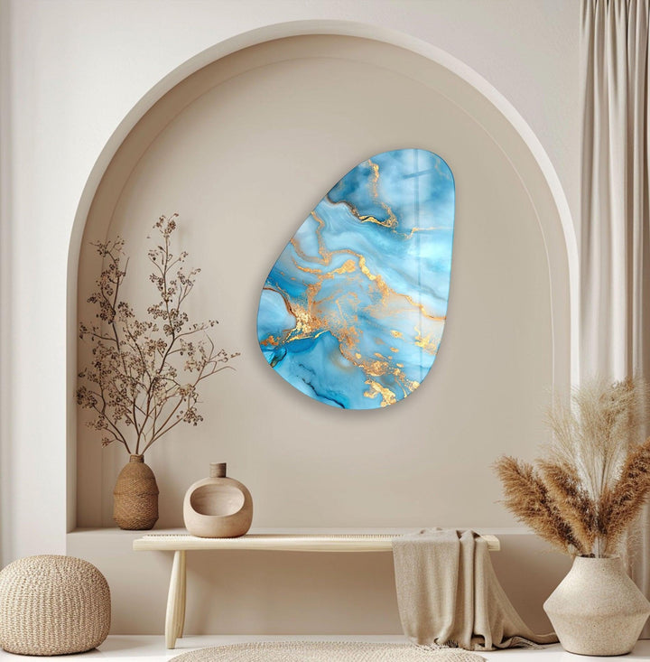 Asymmetrical Oval Golden Abstract Glass Wall Art glass art painting, glass art for the Wall
