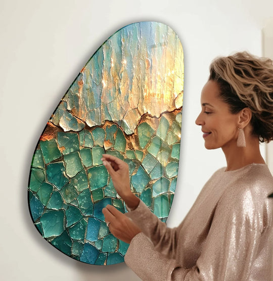 Asymmetrical oval green cracked glass wall art, a unique modern wall decor piece.