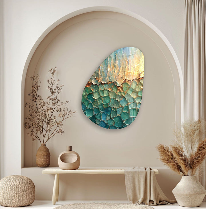 Asymmetrical Oval Green Cracked Glass Wall Art glass pictures for Wall, glass prints wall art
