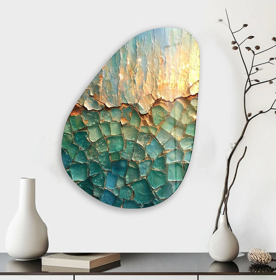 Asymmetrical oval hanging wall art features deep turquoise and vibrant amber layers, creating a cracked mosaic effect with dimensional texture.