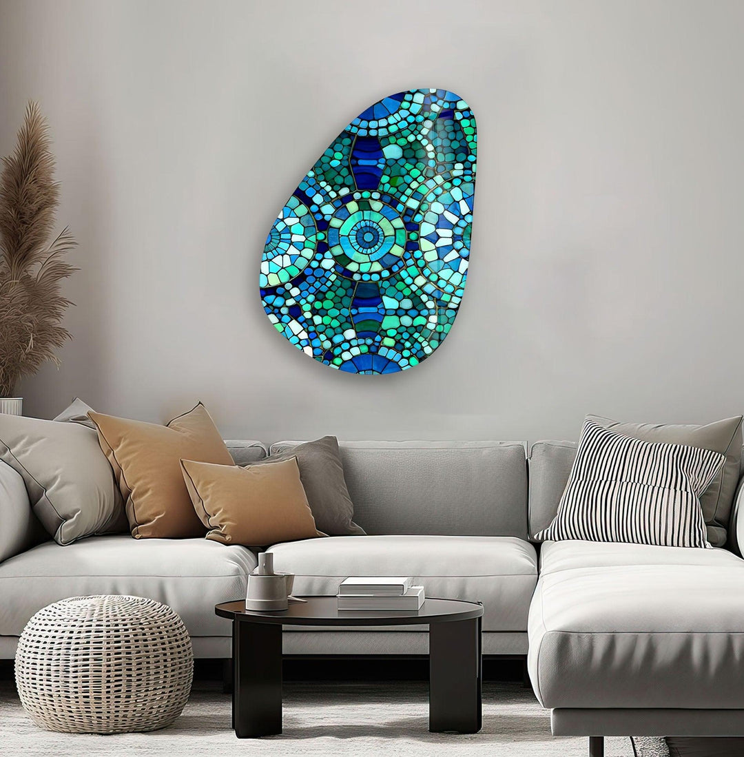 Asymmetrical Oval Blue Mosaic Design Glass Wall Art glass photo prints, glass picture prints
