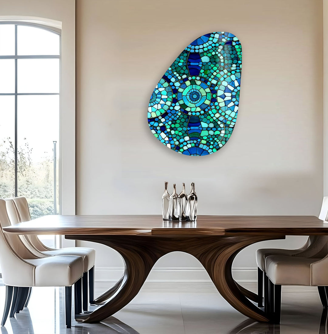 Asymmetrical Oval Blue Mosaic Design Glass Wall Art Glass Printing Wall Art, Print photos on glass
