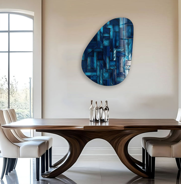 Asymmetrical Oval Navy Blue Lines Glass Wall Art photo print on glass, prints on glass wall art

